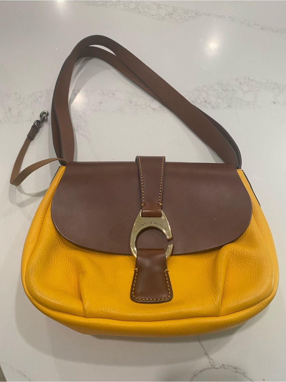Vintage Two-Tone Yellow and Brown Leather Shoulder Bag by Dooney and Bourke